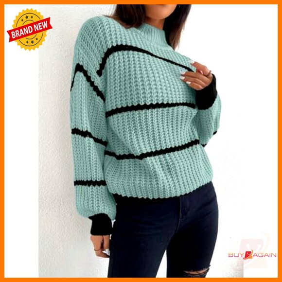 High-Neck Cropped Sweater Striped Stand-Up Collar Dropped Shoulder Knitted - Picture 6 of 7
